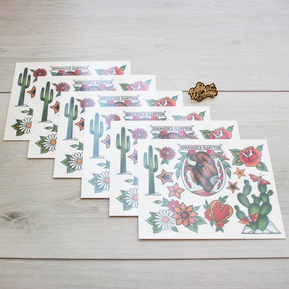 Bundle of 6 Buffalo Exchange Temporary Tattoo Sheets & Metal Lapel Badge Pin - Picture 1 of 6